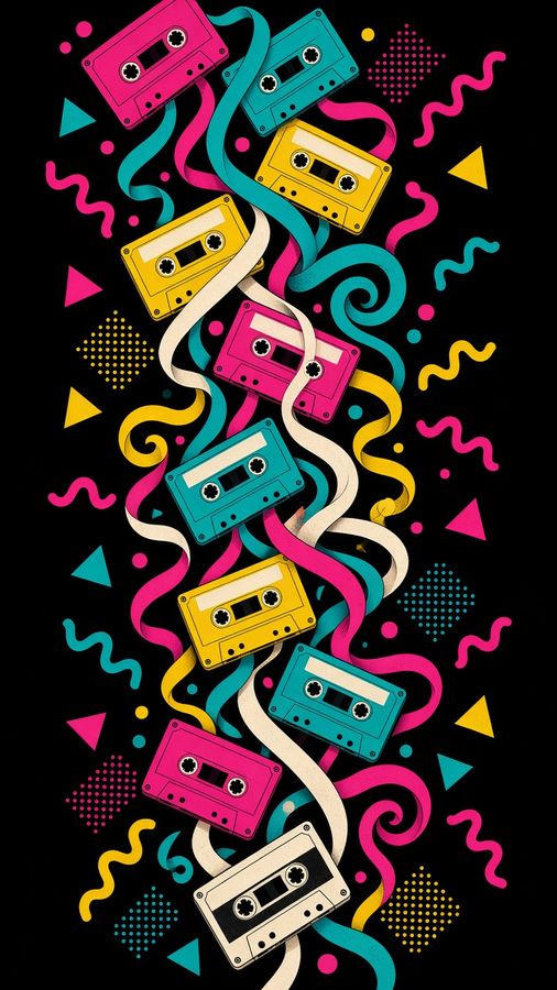 Mixtape flat artwork: bright cassette tapes and loose ribbons of tape on black