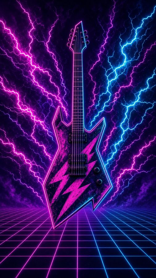 Neon Riff flat artwork: a made-up pointy neon guitar with lightning over a synthwave grid