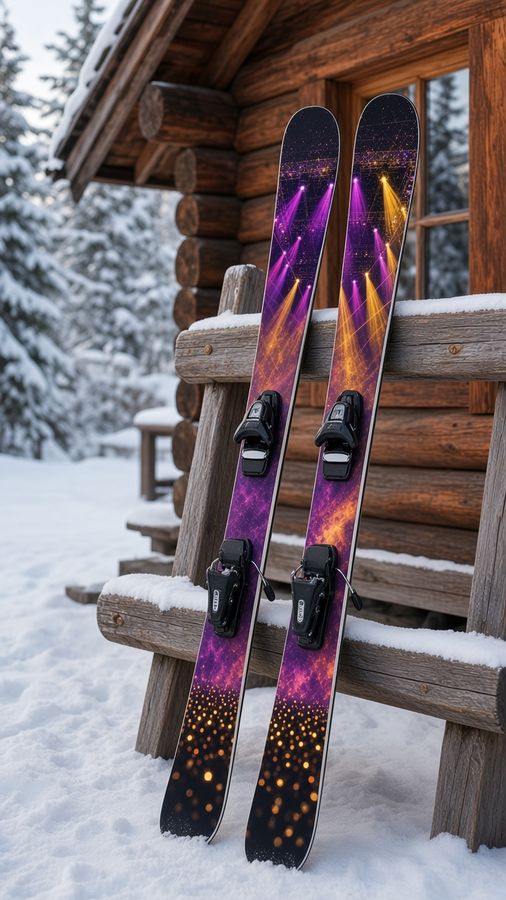 Arena Lights wrap on a pair of skis: an empty arena stage with purple lasers and gold lights
