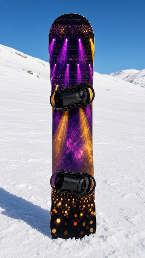 Arena Lights snowboard wrap: an empty arena stage with purple lasers and gold lights