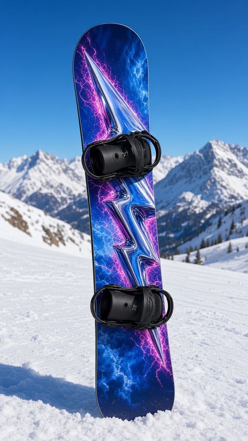 Chrome Bolt snowboard wrap: a chrome lightning bolt over a blue electric storm