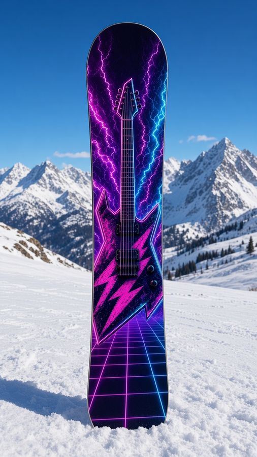 Neon Riff snowboard wrap: a made-up pointy neon guitar with lightning over a synthwave grid