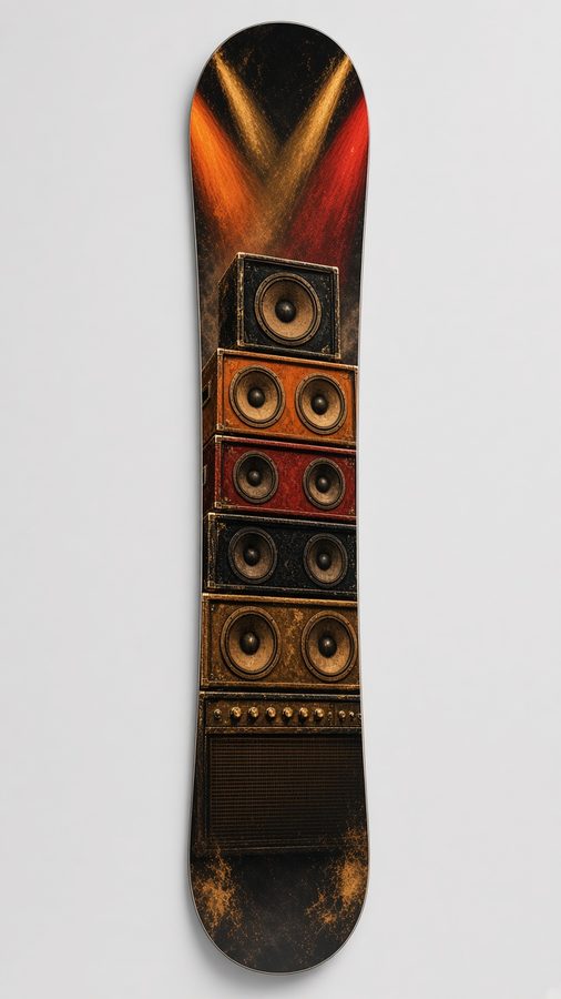 Amp Stack snowboard wrap: stacked amp cabinets under orange stage lights