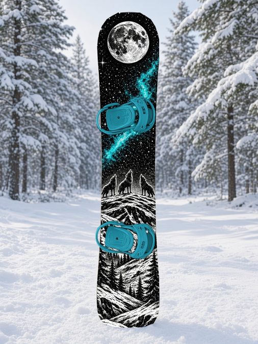Woodcut Wolf Pack snowboard wrap