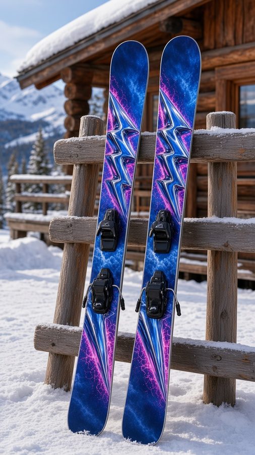 Chrome Bolt wrap on a pair of skis: a chrome lightning bolt over a blue electric storm