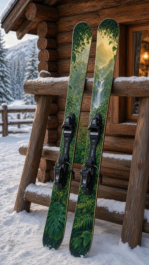 Jungle Run wrap on a pair of skis